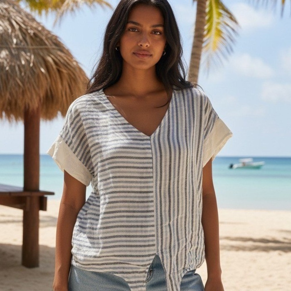 Sita Murt Womens Blue White Striped Tie Front V-Neck Linen Blend Made Portugal